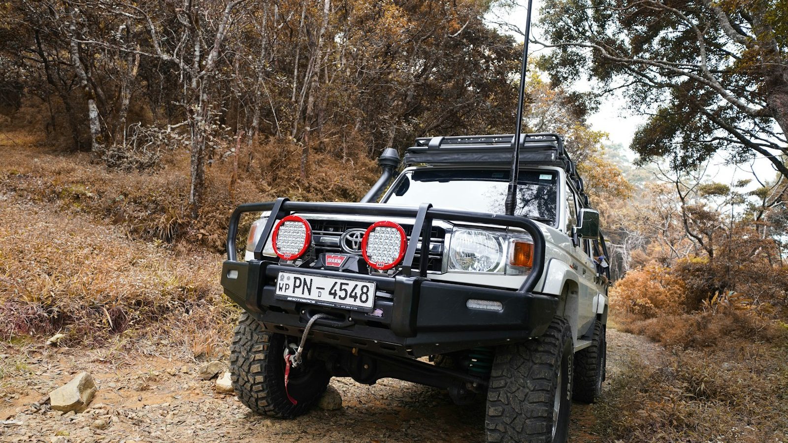 Armored pickup with a steel bumper and auxiliary lights on a forest trail