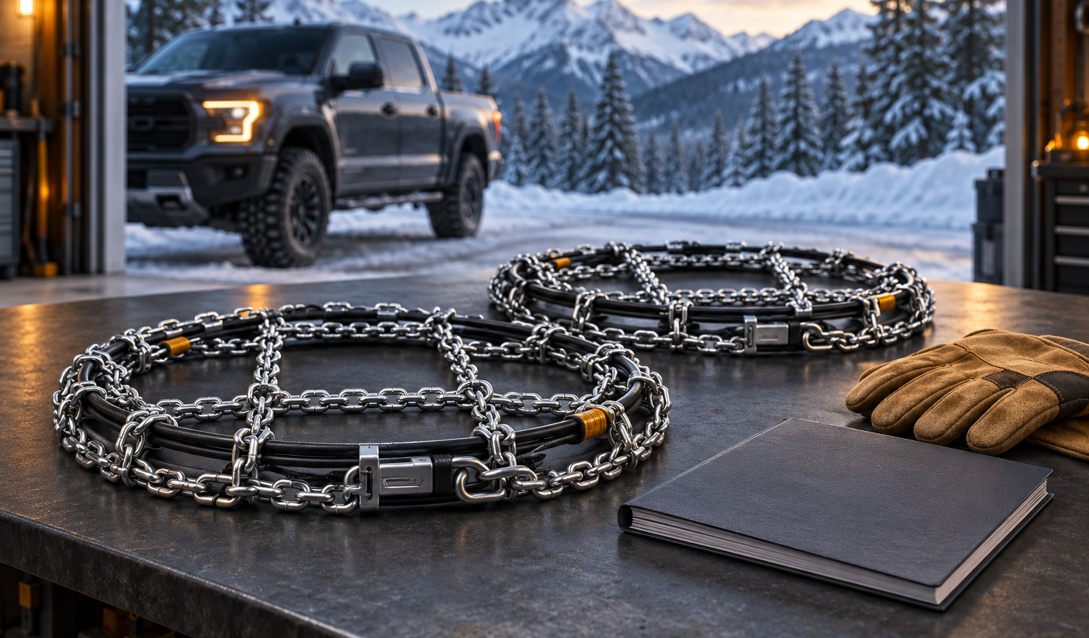 Illustration of snow chains, gloves and a closed manual on a workbench with a pickup and snowy mountains beyond.