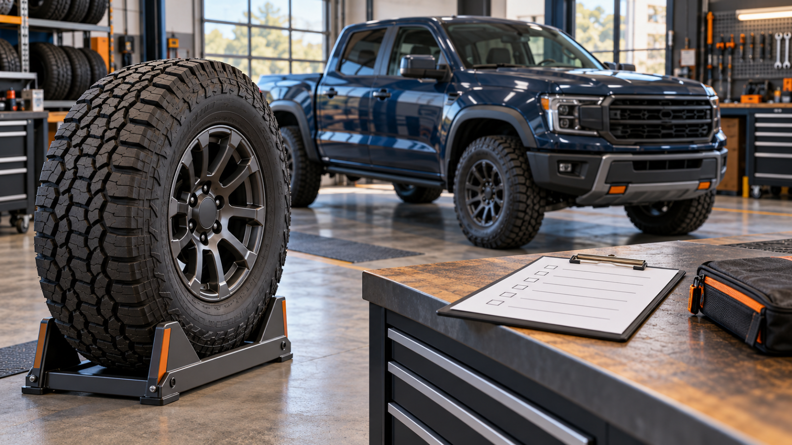 Illustration of a spare wheel in a floor stand beside a clipboard, with a parked pickup inside a tire workshop.