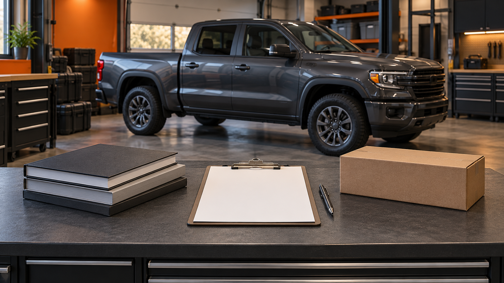Manuals, a blank clipboard and a parts box on a workbench in front of a parked pickup.