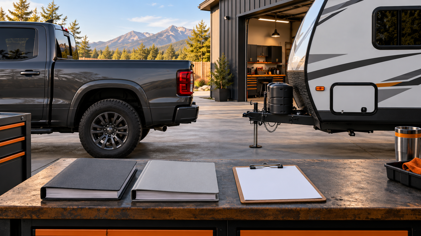 Manuals and a checklist on a workbench beside a parked pickup and trailer.