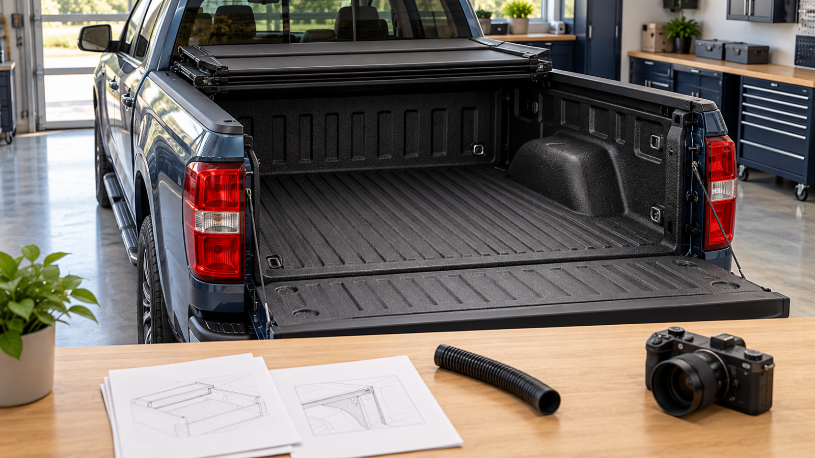 Conceptual illustration of a coated pickup bed, folded tonneau cover and installation planning documents