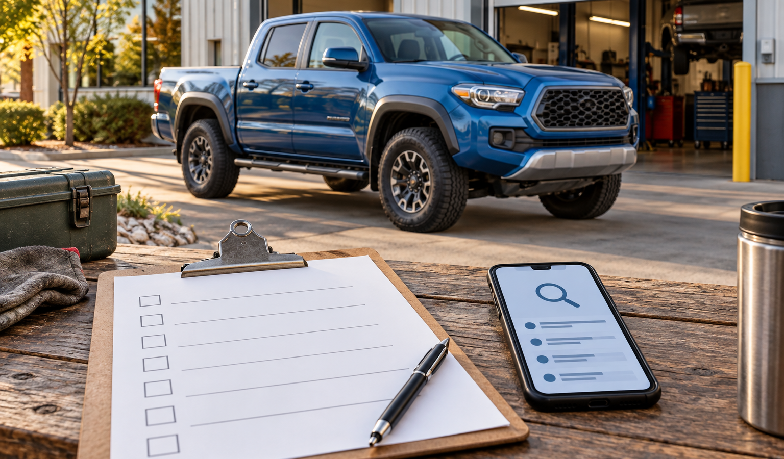 A blue pickup at a vehicle inspection workshop with a blank checklist and phone in the foreground.